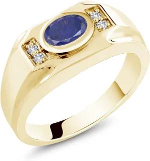 Gem Stone King Men's 18K Yellow Gold Plated Silver Blue Lapis and White Created Sapphire Ring (1.56 Cttw, Gemstone Birthstone, Oval 8X6MM, Available In Size 7, 8, 9, 10, 11, 12, 13)