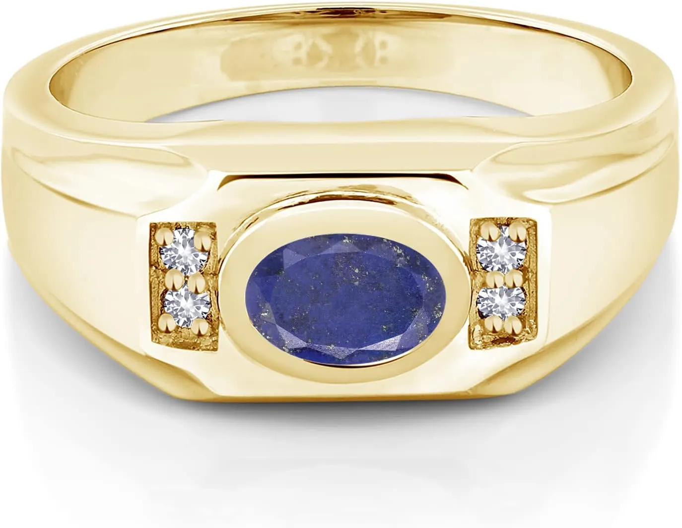 Gem Stone King Men's 18K Yellow Gold Plated Silver Blue Lapis and White Created Sapphire Ring (1.56 Cttw, Gemstone Birthstone, Oval 8X6MM, Available In Size 7, 8, 9, 10, 11, 12, 13)