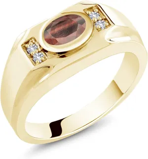 Gem Stone King Men's 18K Yellow Gold Plated Silver Red Tiger Eye and White Created Sapphire Ring (1.41 Cttw, Gemstone Birthstone, Oval 8X6MM, Available In Size 7, 8, 9, 10, 11, 12, 13)