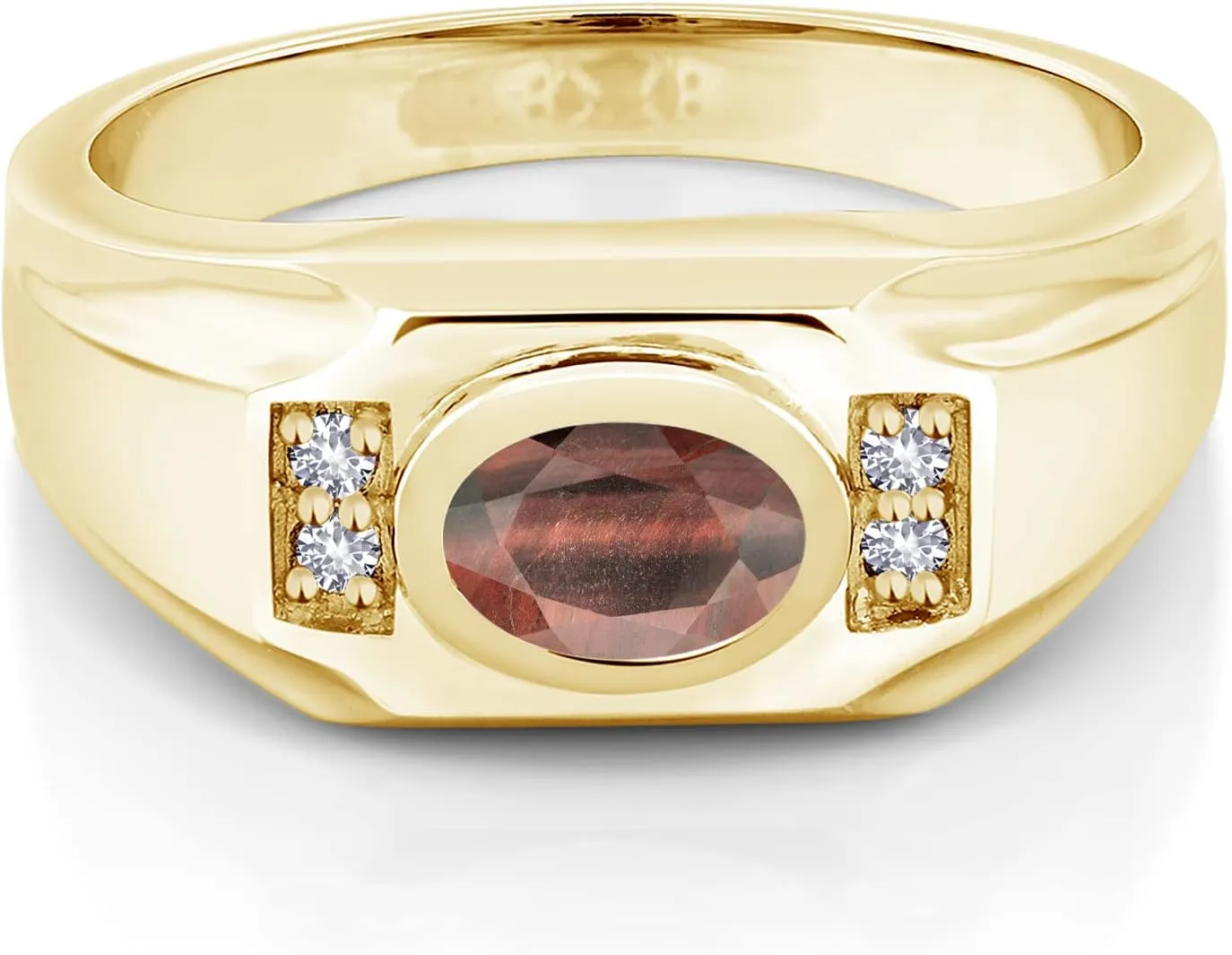 Gem Stone King Men's 18K Yellow Gold Plated Silver Red Tiger Eye and White Created Sapphire Ring (1.41 Cttw, Gemstone Birthstone, Oval 8X6MM, Available In Size 7, 8, 9, 10, 11, 12, 13)