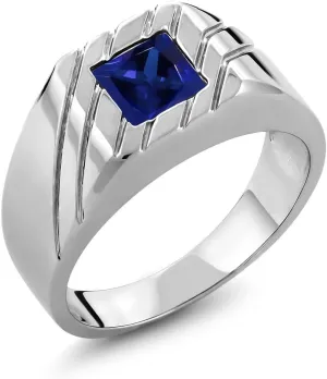 Gem Stone King Men's 925 Sterling Silver Blue Created Sapphire Ring For Men | 1.91 Cttw | Princess 7MM | Available 7,8,9,10,11,12,13