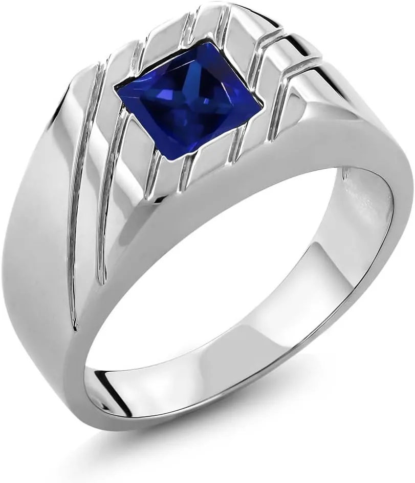 Gem Stone King Men's 925 Sterling Silver Blue Created Sapphire Ring For Men | 1.91 Cttw | Princess 7MM | Available 7,8,9,10,11,12,13