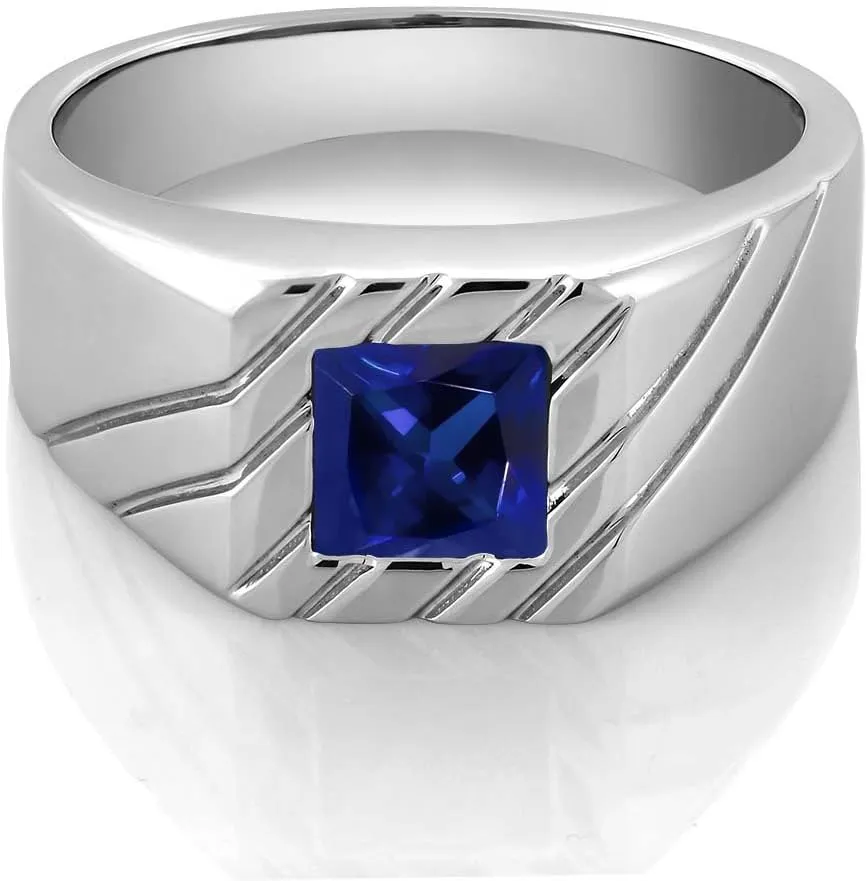 Gem Stone King Men's 925 Sterling Silver Blue Created Sapphire Ring For Men | 1.91 Cttw | Princess 7MM | Available 7,8,9,10,11,12,13