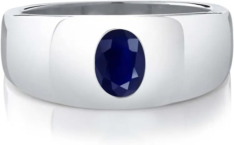 Gem Stone King Men's 925 Sterling Silver Blue Sapphire Ring for Men | 1.80 Cttw | Oval 8X6MM | Gemstone September Birthstone | Available In Size 7, 8, 9, 10, 11, 12, 13