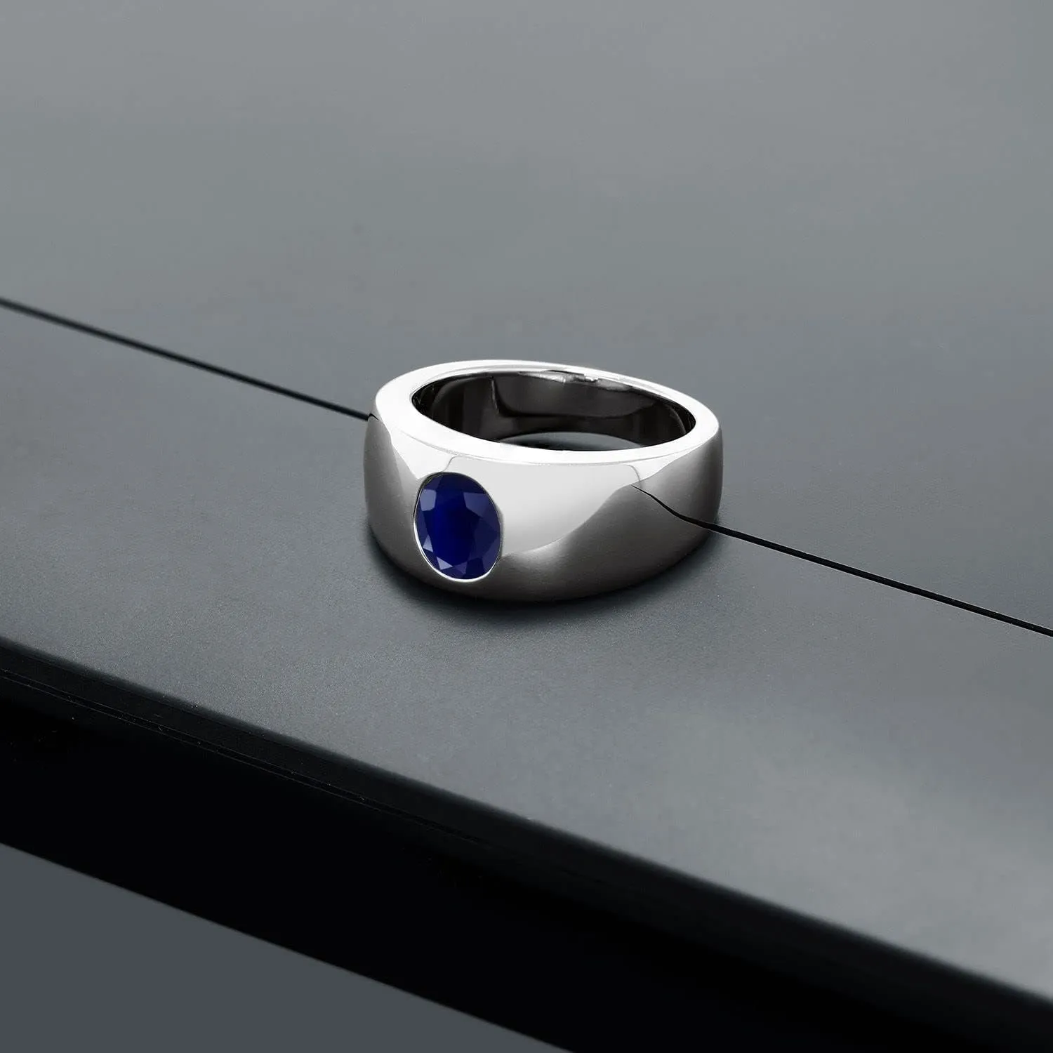 Gem Stone King Men's 925 Sterling Silver Blue Sapphire Ring for Men | 1.80 Cttw | Oval 8X6MM | Gemstone September Birthstone | Available In Size 7, 8, 9, 10, 11, 12, 13