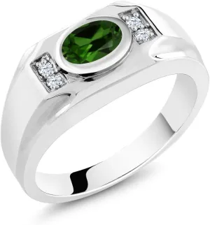 Gem Stone King Men's 925 Sterling Silver Green Simulated Emerald and White Created Sapphire Ring (2.26 Cttw, Gemstone Birthstone, Oval 8X6MM, Available In Size 7, 8, 9, 10, 11, 12, 13)