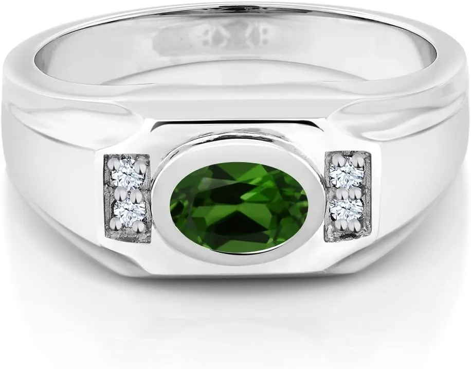 Gem Stone King Men's 925 Sterling Silver Green Simulated Emerald and White Created Sapphire Ring (2.26 Cttw, Gemstone Birthstone, Oval 8X6MM, Available In Size 7, 8, 9, 10, 11, 12, 13)