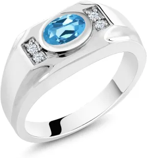 Gem Stone King Men's 925 Sterling Silver Swiss Blue Topaz and White Created Sapphire Ring (1.66 Cttw, Gemstone November Birthstone, Oval 8X6MM, Available In Size 7, 8, 9, 10, 11, 12, 13)