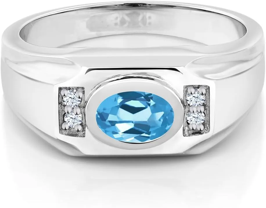 Gem Stone King Men's 925 Sterling Silver Swiss Blue Topaz and White Created Sapphire Ring (1.66 Cttw, Gemstone November Birthstone, Oval 8X6MM, Available In Size 7, 8, 9, 10, 11, 12, 13)