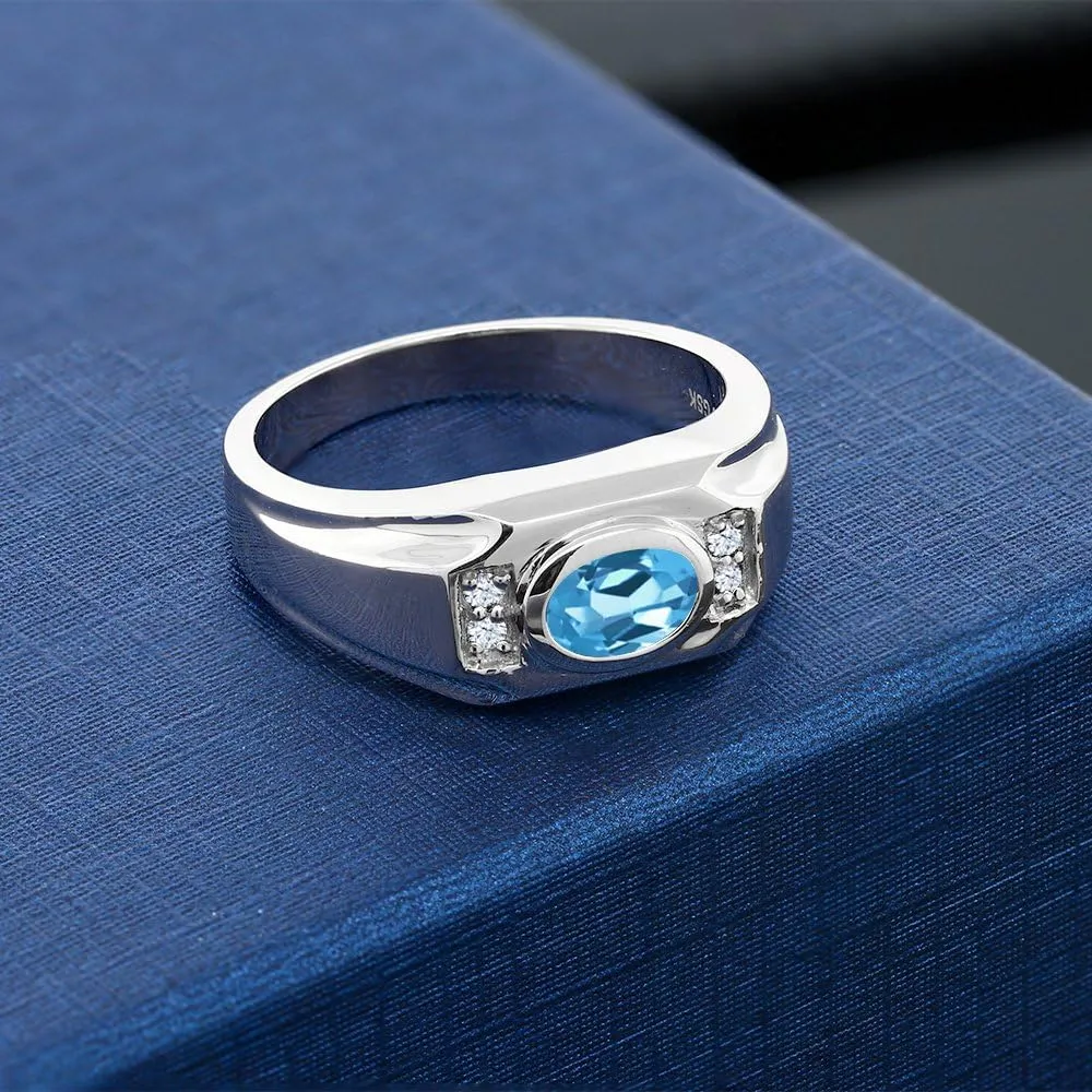 Gem Stone King Men's 925 Sterling Silver Swiss Blue Topaz and White Created Sapphire Ring (1.66 Cttw, Gemstone November Birthstone, Oval 8X6MM, Available In Size 7, 8, 9, 10, 11, 12, 13)