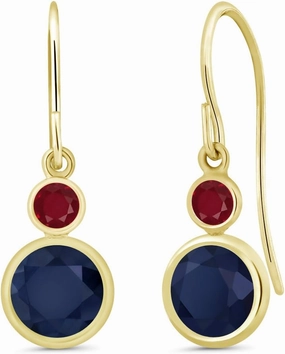 Gem Stone King 14K Yellow Gold Blue Sapphire and Red Ruby Drop Dangle Earrings For Women (2.28 Cttw, Gemstone September Birthstone, Round 6MM and 3MM)