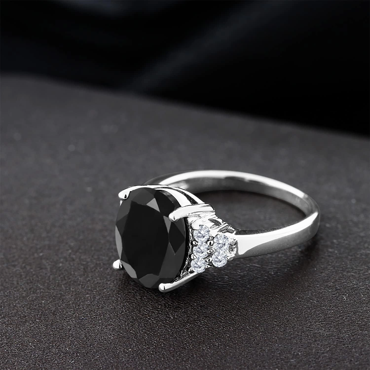 Gem Stone King 6.38 Cttw Black Sapphire and White Moissanite Engagement Ring for Women | 925 Sterling Silver | Gemstone Birthstone | Oval 12X10MM | Available In Size 5, 6, 7, 8, 9