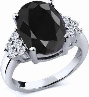Gem Stone King 6.38 Cttw Black Sapphire and White Moissanite Engagement Ring for Women | 925 Sterling Silver | Gemstone Birthstone | Oval 12X10MM | Available In Size 5, 6, 7, 8, 9