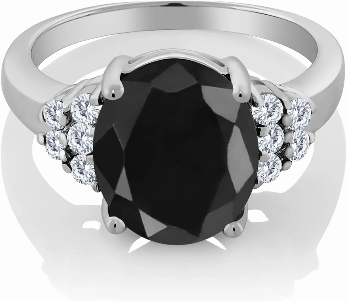 Gem Stone King 6.38 Cttw Black Sapphire and White Moissanite Engagement Ring for Women | 925 Sterling Silver | Gemstone Birthstone | Oval 12X10MM | Available In Size 5, 6, 7, 8, 9