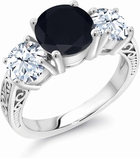 Gem Stone King 925 Sterling Silver Black Onyx and White Created Sapphire 3-Stone Engagement Ring For Women (3.65 Cttw, Round Gemstone Birthstone, Available in size 5, 6, 7, 8, 9)