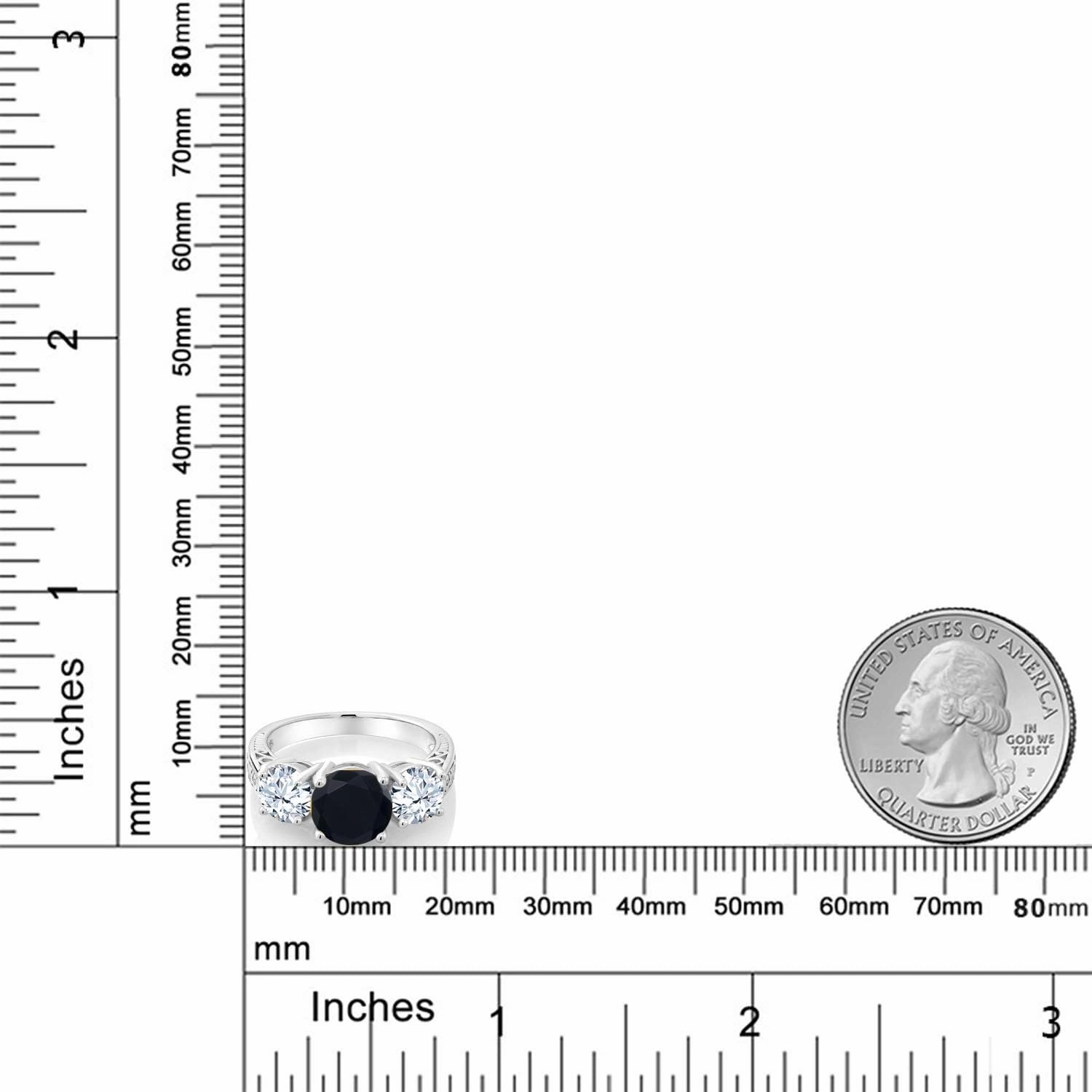 Gem Stone King 925 Sterling Silver Black Onyx and White Created Sapphire 3-Stone Engagement Ring For Women (3.65 Cttw, Round Gemstone Birthstone, Available in size 5, 6, 7, 8, 9)