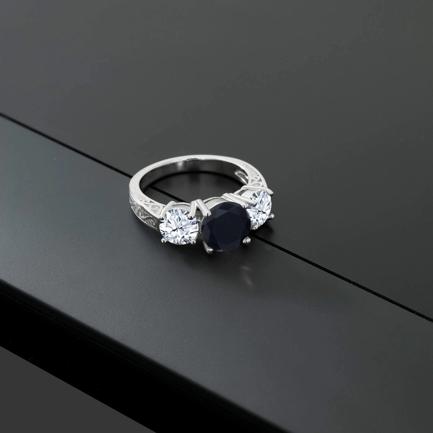 Gem Stone King 925 Sterling Silver Black Onyx and White Created Sapphire 3-Stone Engagement Ring For Women (3.65 Cttw, Round Gemstone Birthstone, Available in size 5, 6, 7, 8, 9)
