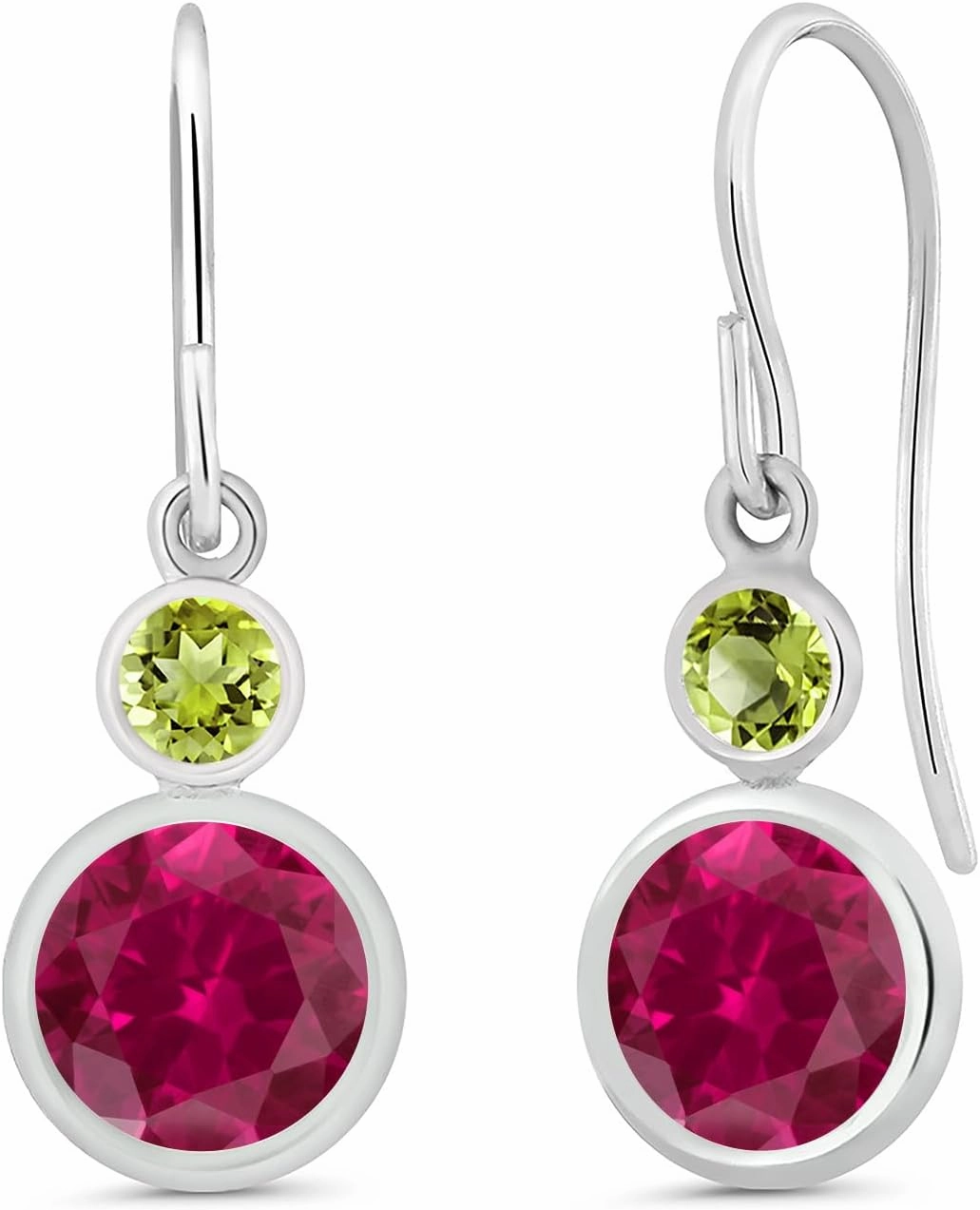 Gem Stone King 925 Sterling Silver Red Created Ruby and Green Peridot Leverback Dangle Earrings For Women (2.24 Cttw, Round 6MM)