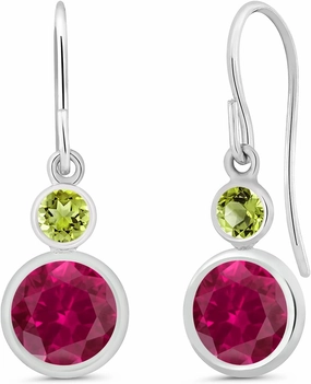 Gem Stone King 925 Sterling Silver Red Created Ruby and Green Peridot Leverback Dangle Earrings For Women (2.24 Cttw, Round 6MM)