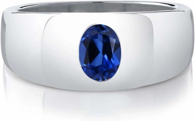 Gem Stone King Men's 925 Sterling Silver Blue Created Sapphire Ring | 1.60 Cttw | Oval 8X6MM | Gemstone September Birthstone | Available in Size 7,8,9,10,11,12,13