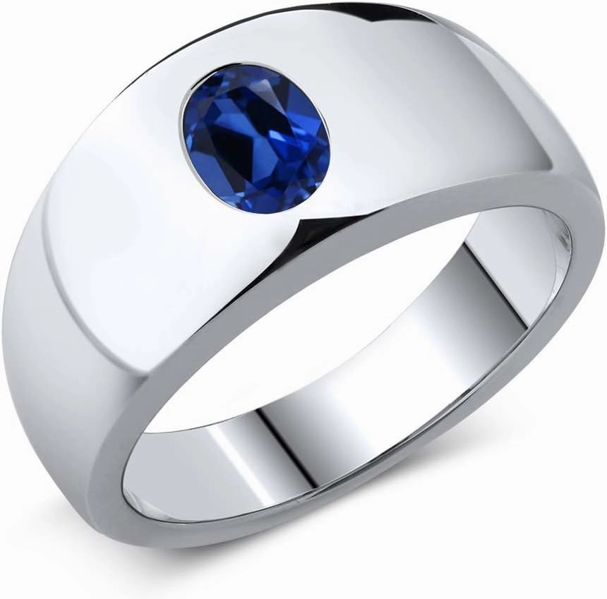 Gem Stone King Men's 925 Sterling Silver Blue Created Sapphire Ring | 1.60 Cttw | Oval 8X6MM | Gemstone September Birthstone | Available in Size 7,8,9,10,11,12,13