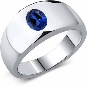 Gem Stone King Men's 925 Sterling Silver Blue Created Sapphire Ring | 1.60 Cttw | Oval 8X6MM | Gemstone September Birthstone | Available in Size 7,8,9,10,11,12,13