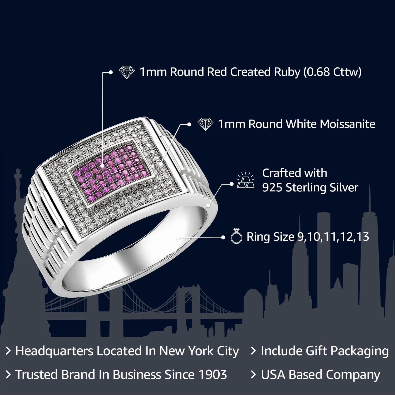 Gem Stone King Men's 925 Sterling Silver Red Created Ruby and White Moissanite Ring (0.68 Cttw, Available In Size 9, 10, 11, 12, 13)