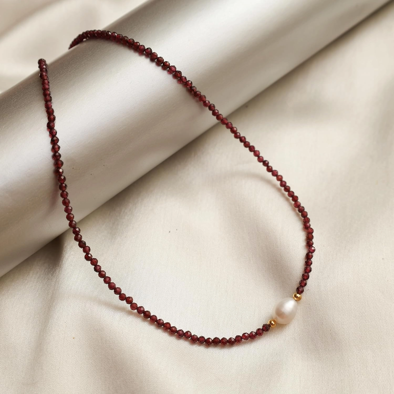 Gempires Red Garnet Beaded Necklace with Pearl Choker Crystal Jewelry Lightweight January Birthstone Gifts Hypoallergenic 18 Inch Gold Plated Necklaces For Women