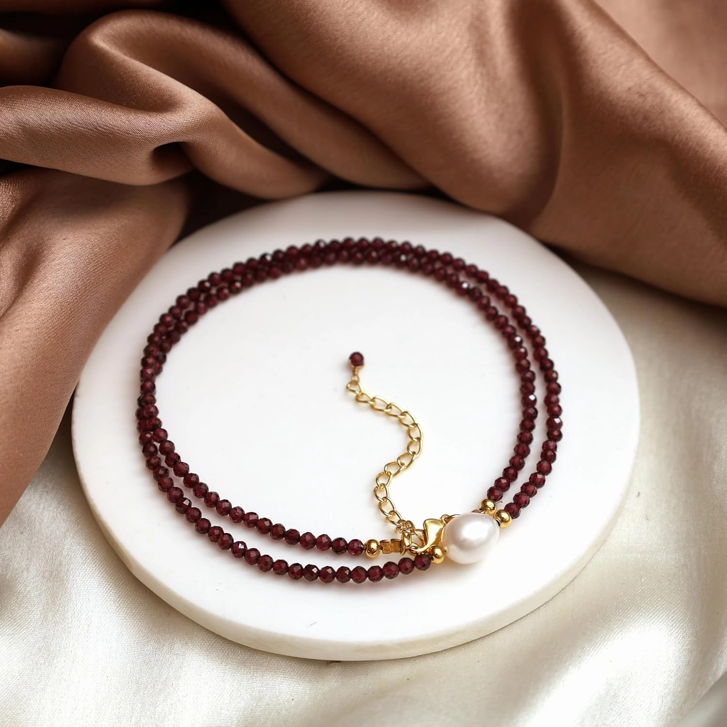 Gempires Red Garnet Beaded Necklace with Pearl Choker Crystal Jewelry Lightweight January Birthstone Gifts Hypoallergenic 18 Inch Gold Plated Necklaces For Women
