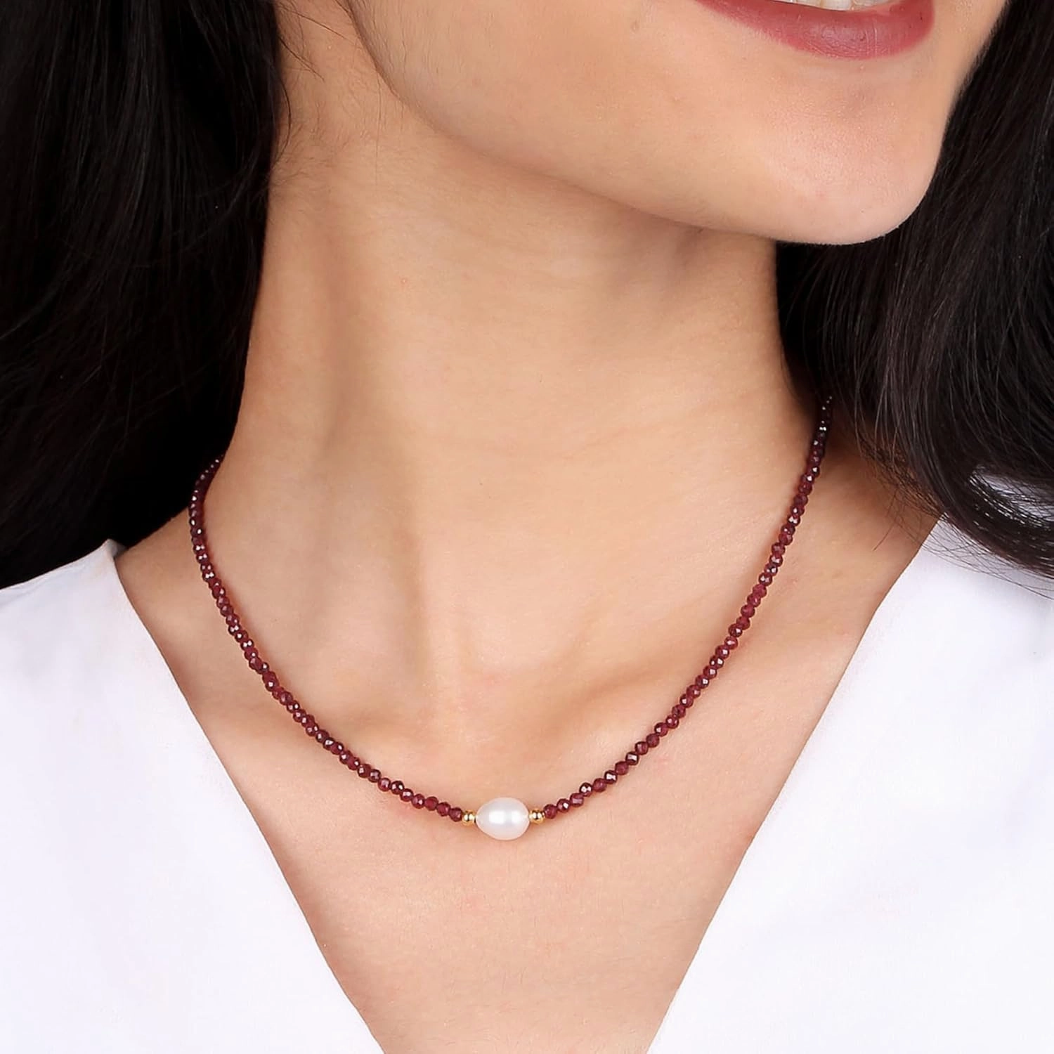 Gempires Red Garnet Beaded Necklace with Pearl Choker Crystal Jewelry Lightweight January Birthstone Gifts Hypoallergenic 18 Inch Gold Plated Necklaces For Women