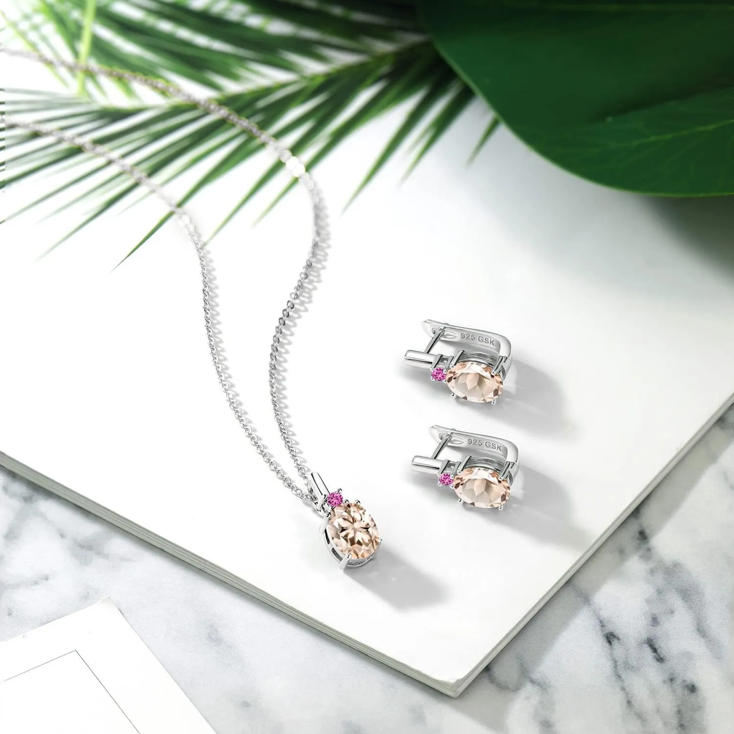Gemstone Birthstone and Pink Created Sapphire Pendant and Earrings Jewelry Set for Women in 925 Sterling Silver | Oval 8X6MM and Round 2.5MM | Fine Jewelry for Her Mom Women Wife | With 18 Inch Chain