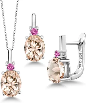 Gemstone Birthstone and Pink Created Sapphire Pendant and Earrings Jewelry Set for Women in 925 Sterling Silver | Oval 8X6MM and Round 2.5MM | Fine Jewelry for Her Mom Women Wife | With 18 Inch Chain