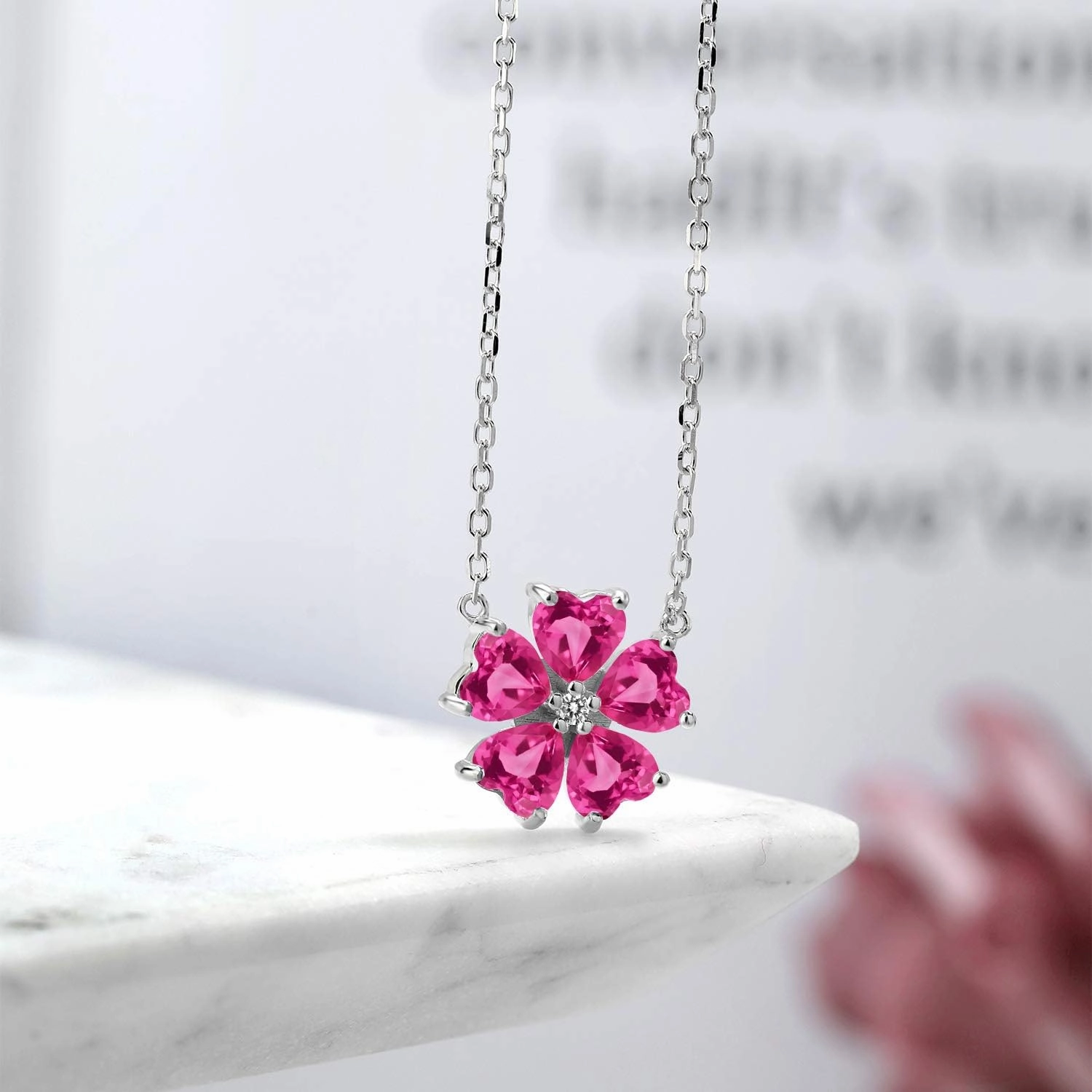 Gemstone Birthstone and White Diamond Flower Pendant Necklace for Women in 925 Sterling Silver | Heart Shape 6MM Petals and Round 2MM Center | With 18 Inch Chain | Fine Jewelry for Her Mom Wife