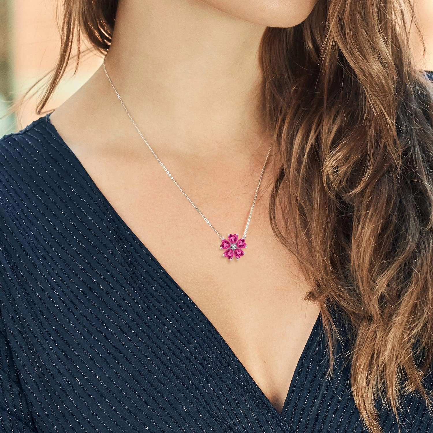 Gemstone Birthstone and White Diamond Flower Pendant Necklace for Women in 925 Sterling Silver | Heart Shape 6MM Petals and Round 2MM Center | With 18 Inch Chain | Fine Jewelry for Her Mom Wife