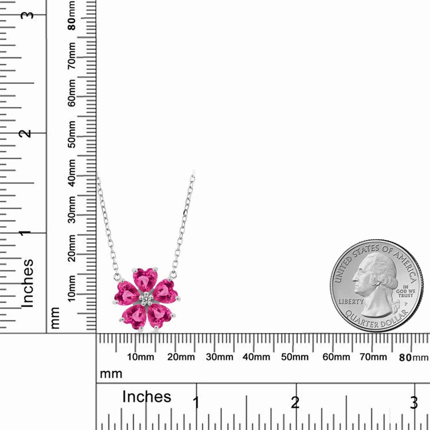 Gemstone Birthstone and White Diamond Flower Pendant Necklace for Women in 925 Sterling Silver | Heart Shape 6MM Petals and Round 2MM Center | With 18 Inch Chain | Fine Jewelry for Her Mom Wife