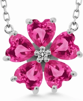 Gemstone Birthstone and White Diamond Flower Pendant Necklace for Women in 925 Sterling Silver | Heart Shape 6MM Petals and Round 2MM Center | With 18 Inch Chain | Fine Jewelry for Her Mom Wife