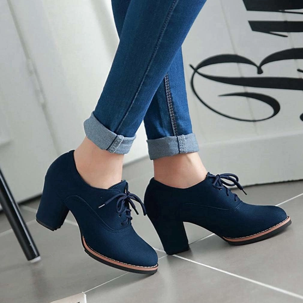 Generic Women’s Block Heel Pumps Comfort Oxfords Shoes Suede Lace up Dress Shoes Chunky Mid Heels Ankle Boots