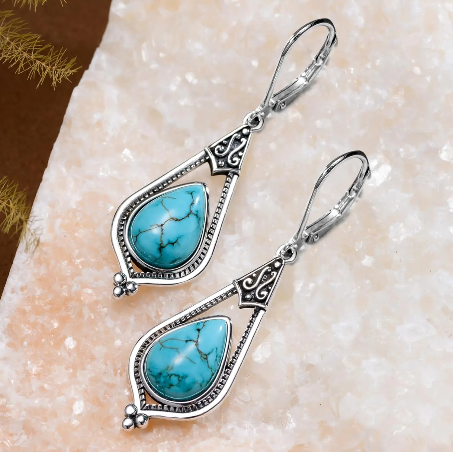 Genuine Turquoise Dangle Earrings for Women, Sterling Silver Vintage Native American Western Jewelry Teardrop Earrings Birthday Gift