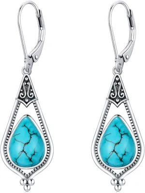 Genuine Turquoise Dangle Earrings for Women, Sterling Silver Vintage Native American Western Jewelry Teardrop Earrings Birthday Gift
