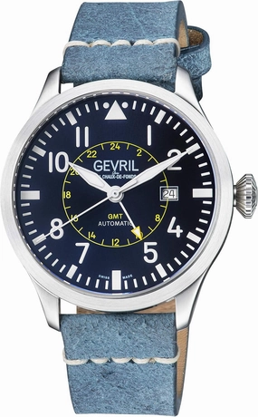 Gevril Men's Stainless Steel Automatic Watch with Leather Strap, Blue, 20 (Model: 44504), Silver