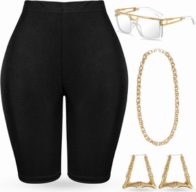 Geyoga 7 Pcs 80s 90s Outfit for Woman Hip Hop Costume Kit Rapper Accessories Yoga Pants Sunglasses Gold Chain Earrings