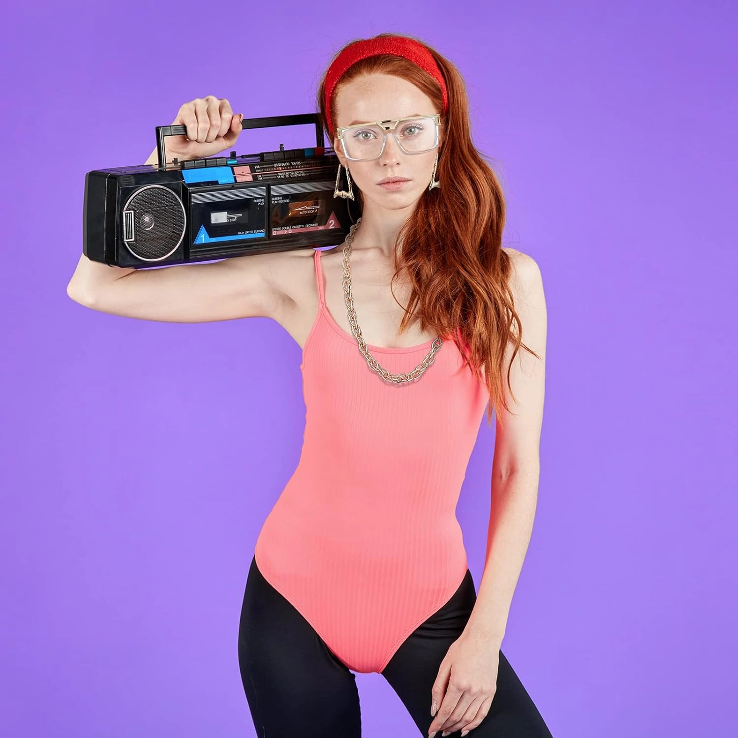 Geyoga 7 Pcs 80s 90s Outfit for Woman Hip Hop Costume Kit Rapper Accessories Yoga Pants Sunglasses Gold Chain Earrings