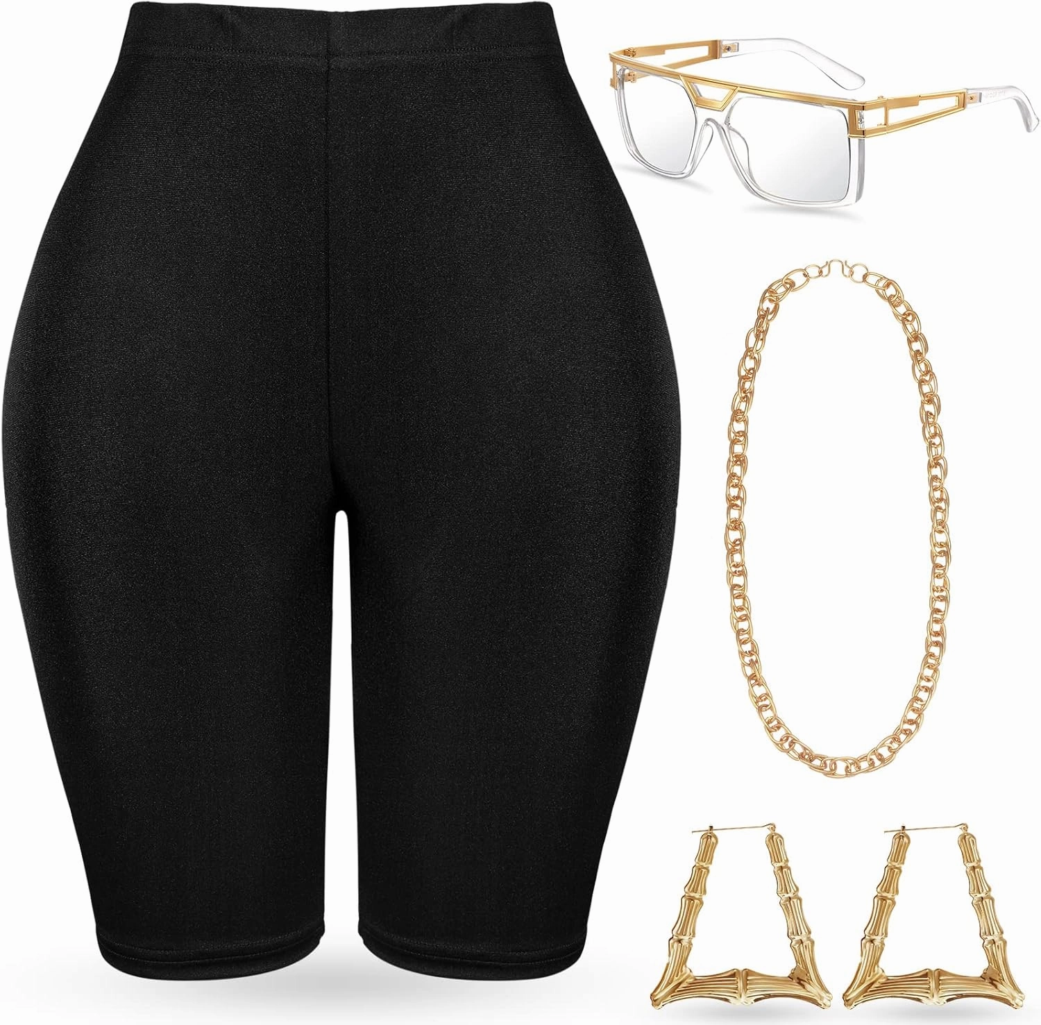 Geyoga 7 Pcs 80s 90s Outfit for Woman Hip Hop Costume Kit Rapper Accessories Yoga Pants Sunglasses Gold Chain Earrings