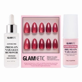 Glamnetic Press-On Nails - Ruby Slipper| Super Strong Brush On Nail Glue & Press-On Nail Remover | Deep Red Sparkly Short Almond Fake Nails with a Velvet Finish | 15 Sizes - 30 Nail Kit with Glue and
