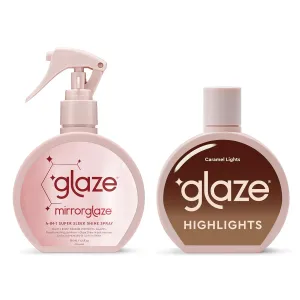glaze Hair Shine Bundle – Super Gloss Caramel Lights Color Conditioning Gloss & Mirror 4-in-1 Super Sleek Shine Spray – For Brown Hair with Highlights