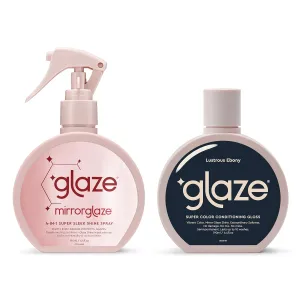 Glaze Hair Shine Bundle – Super Gloss Lustrous Ebony Color Conditioning Gloss & Mirror Glaze 4-in-1 Super Sleek Shine Spray – For Dark Brown & Black Hair