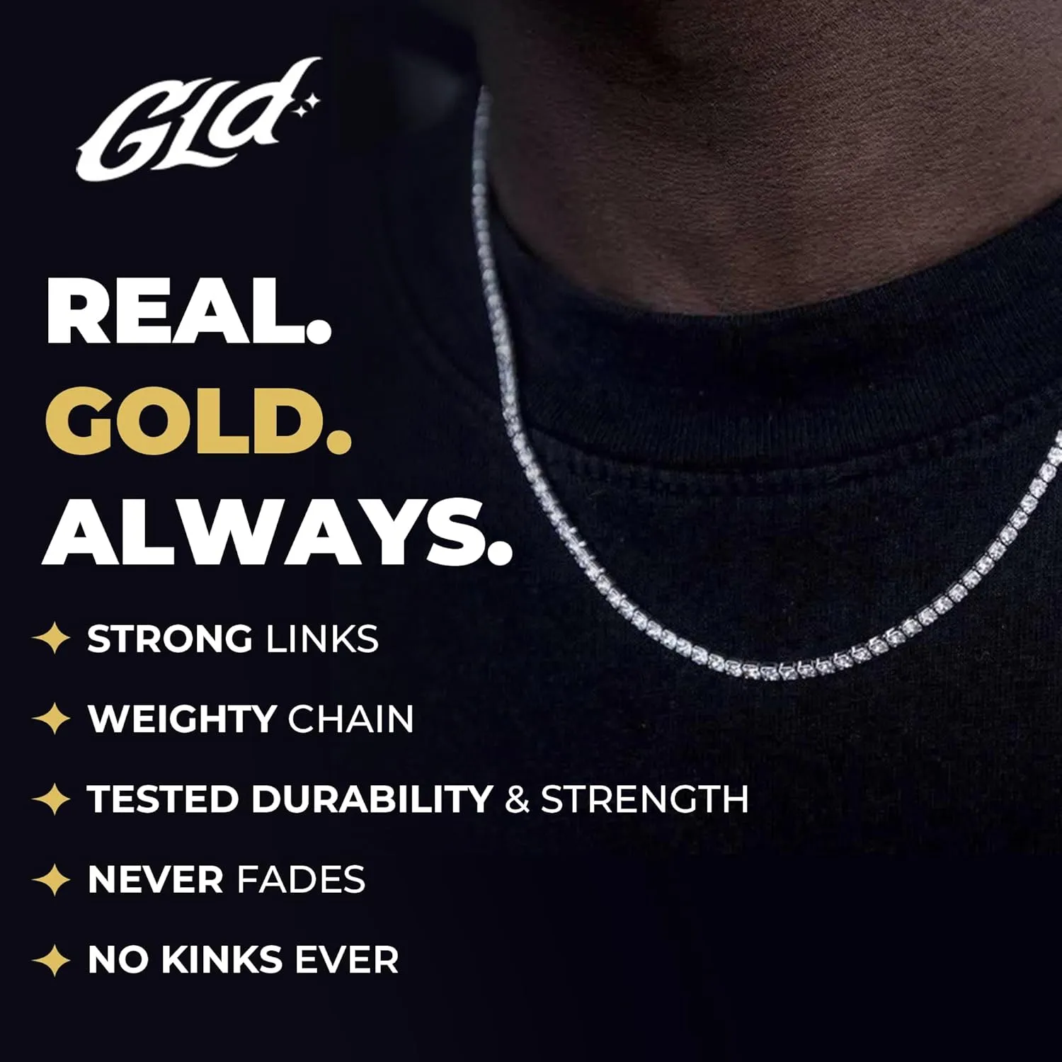 GLD Micro Tennis Chain for Men and Women - Gold-Plated Tennis Chain with Premium Storage Travel Pouch - Snatch-Proof Clasp, Sweat-Proof, Fade-Resistant - Lifetime Quality, Designed in Miami