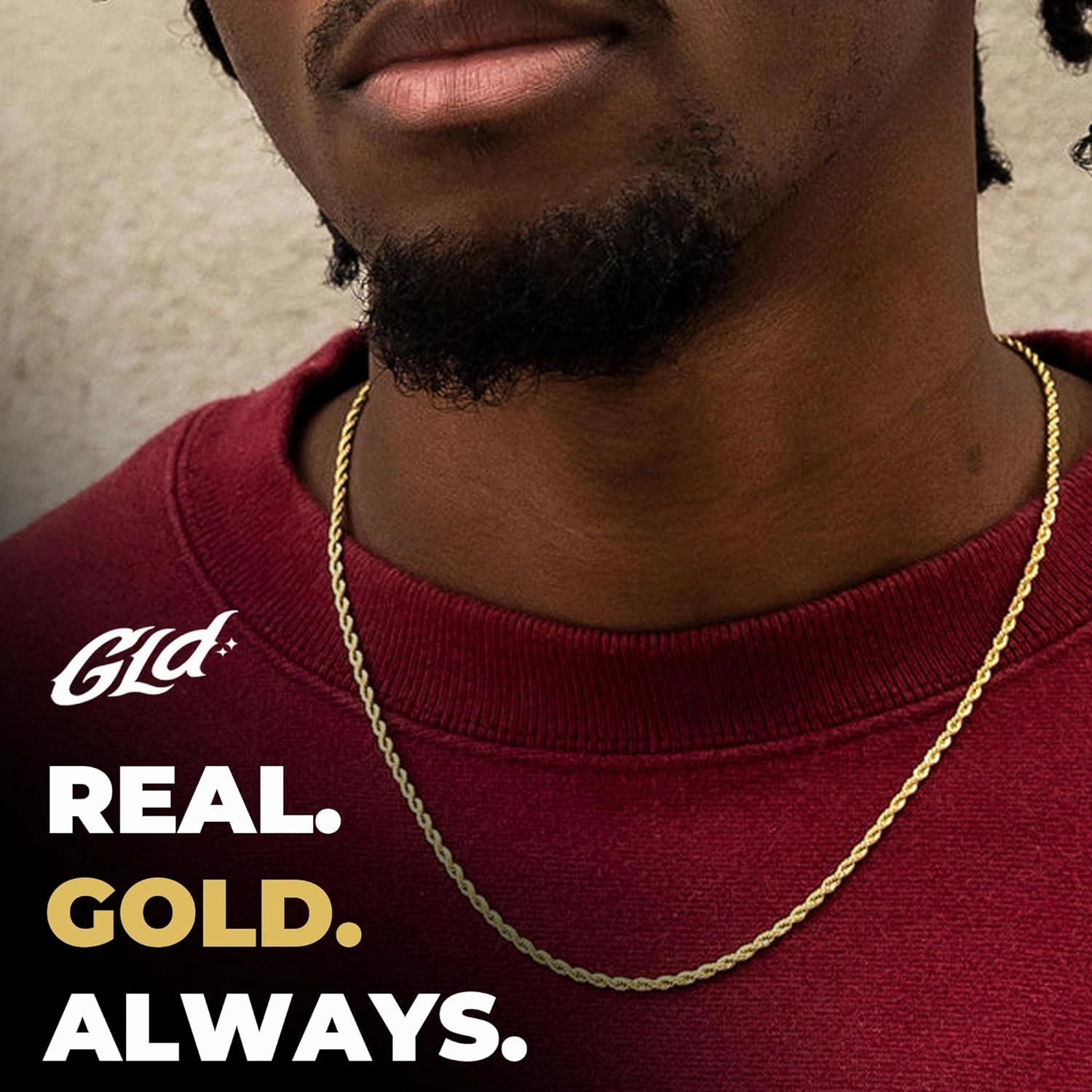 GLD Rope Link Chain - Gold-Plated Rope Cuban Chain with Exclusive Storage Travel Pouch - Snatch-Proof Clasp, Sweat-Proof and Fade-Resistant - Lifetime Quality, Designed in Miami