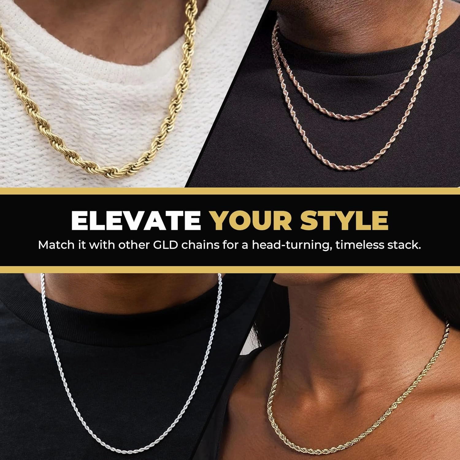 GLD Rope Link Chain - Gold-Plated Rope Cuban Chain with Exclusive Storage Travel Pouch - Snatch-Proof Clasp, Sweat-Proof and Fade-Resistant - Lifetime Quality, Designed in Miami