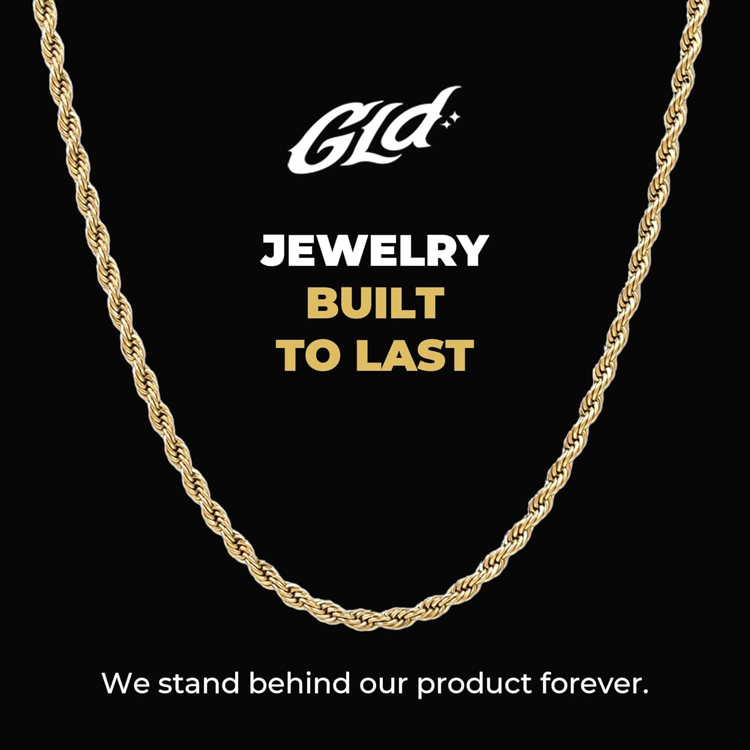 GLD Rope Link Chain - Gold-Plated Rope Cuban Chain with Exclusive Storage Travel Pouch - Snatch-Proof Clasp, Sweat-Proof and Fade-Resistant - Lifetime Quality, Designed in Miami
